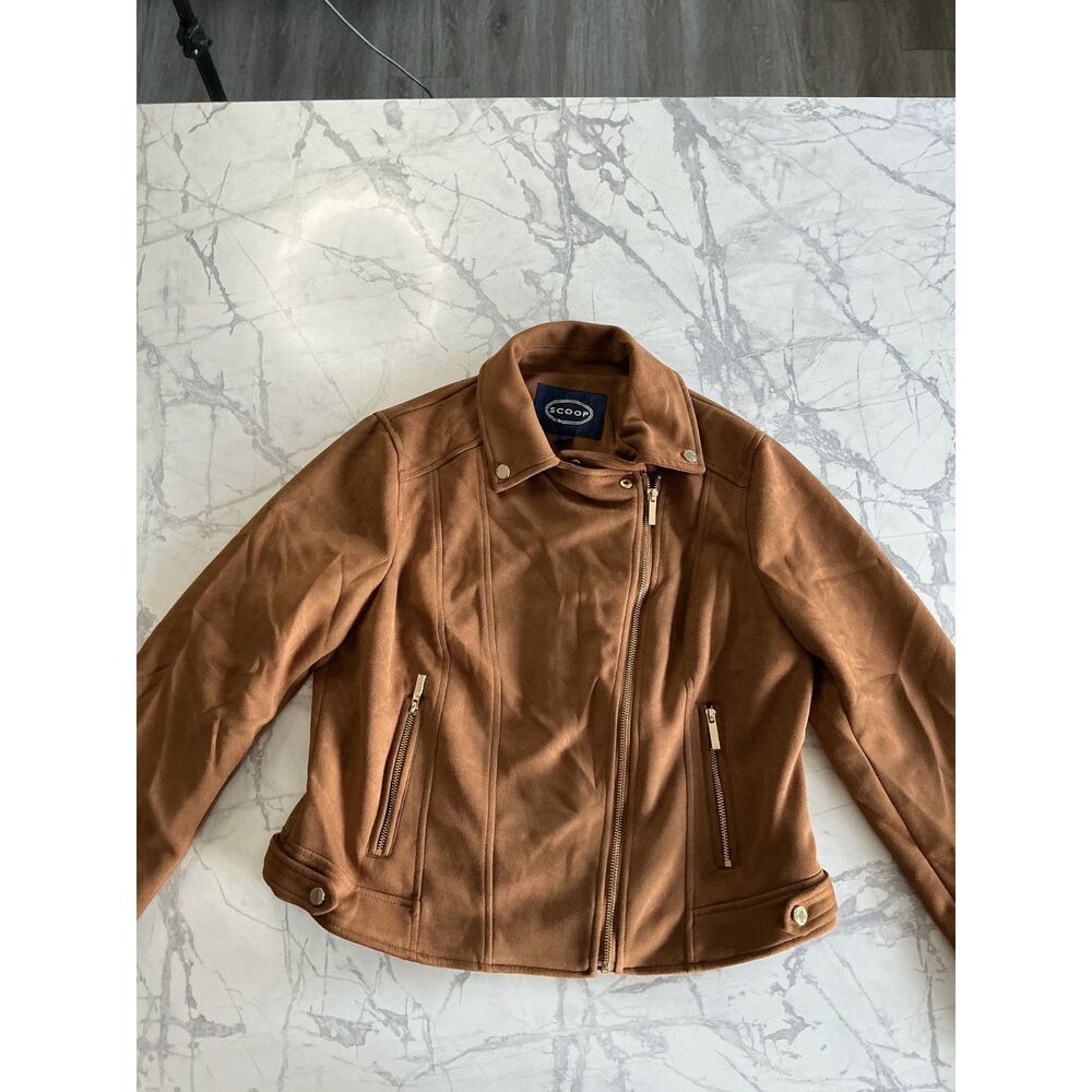 Scoop Faux Suede Moto Jacket Size L Brown Tan Gold Hardware Vegan certified